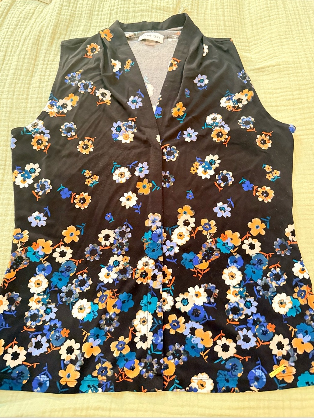Calvin Klein Black Floral Sleeveless V-Neck Shell with Blue & Yellow Flowers